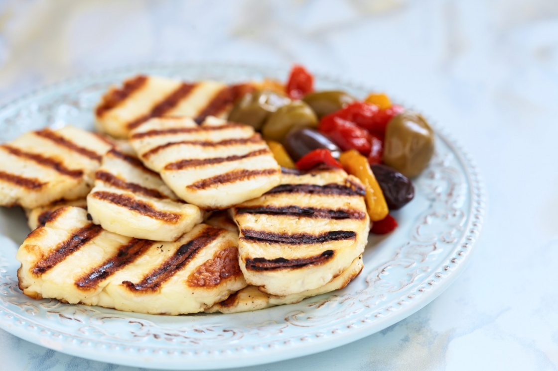 'Grilled halloumi cheese with olives and pepers' - Cyprus